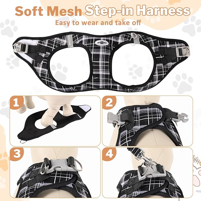 Gyuzh Small Dog Harness and Leash Set, 3-in-1 Step in No Pull Harness Vest Collar for Small Dogs & Cats, Lightweight Breathable Mesh Reflective Plaid with Padded Handle (Black, L)