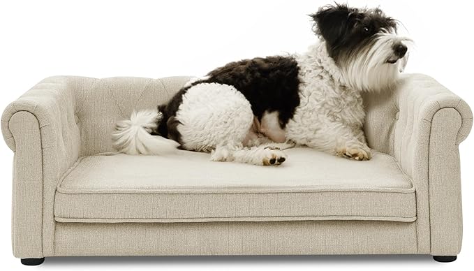 Elevated Dog Sofa with Backrest and Armrests, Button Tufted Dog Couch Bed with Soft Cushion for Medium Dogs, Stylish Lounging Bed Pet Couch Chair, 60Lbs Weight Capacity, Beige