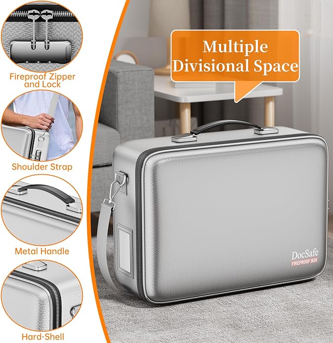 DocSafe Fireproof Document Box with Lock, Hard Case File Organizer with Accordion File Folder, Fireproof Water Resistant Safe Box Home Office Travel Storage for Important Documents Laptop Silver