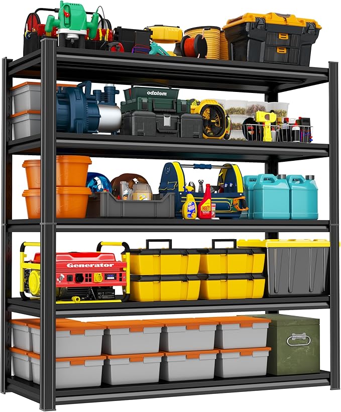 Storage Shelves, Garage Metal Shelving Unit, Adjustable, Double-Layer Column with Reinforced Ribs, Heavy-Duty, Capable of Bearing 600-3600 lbs (Black, 63 * 45 * 18, 5-Tier)