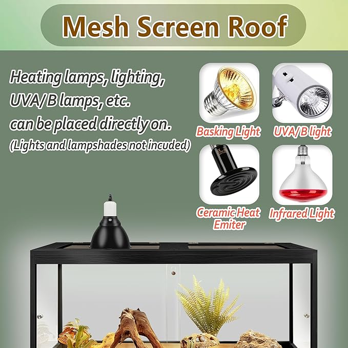 PROLEE Bearded Dragon Tank,37 Gallon Tempered Glass Reptile Tank with Mesh Roof and Front Sliding Door, Anti-Scratch Lizard Tank,Spacious Reptile Enclosure for Snakes,Lguanas, Chameleons(Black)