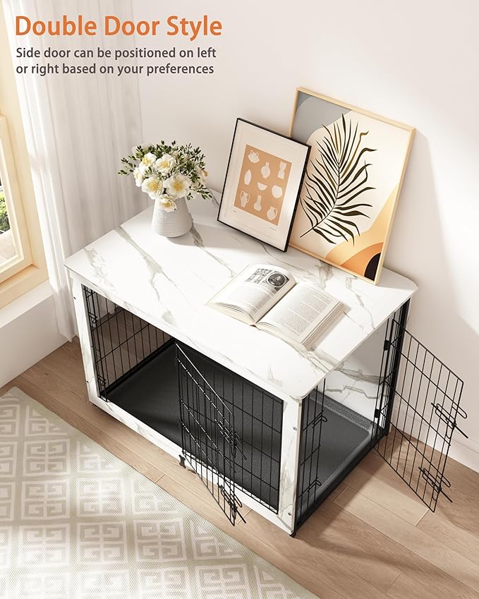 Megidok Wooden Dog Crate Furniture with Cushion,Large Dog Crate End Table with Tray, Double Doors Kennels Indoor (43.1" L*28.6" W*30.3" H, Marble White)