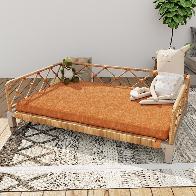 Dog Bed, Outdoor Waterproof Elevated Dog Couch with Washable Removable Cushion, Boho Rattan Wicker Orthopedic Indoor Raised Pet Sofa for Large Dogs (40" x 25", Brown)