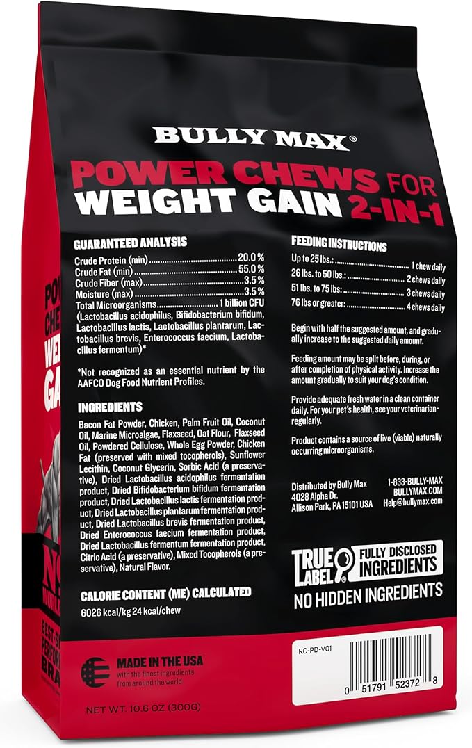 Bully Max Dog Weight Gainer Soft Chews for Puppies and Adults - High Calorie Dog Food Performance Supplements for Healthy Weight Gain, Immunity & Digestive Health - 75 Chews for All Breeds & Ages