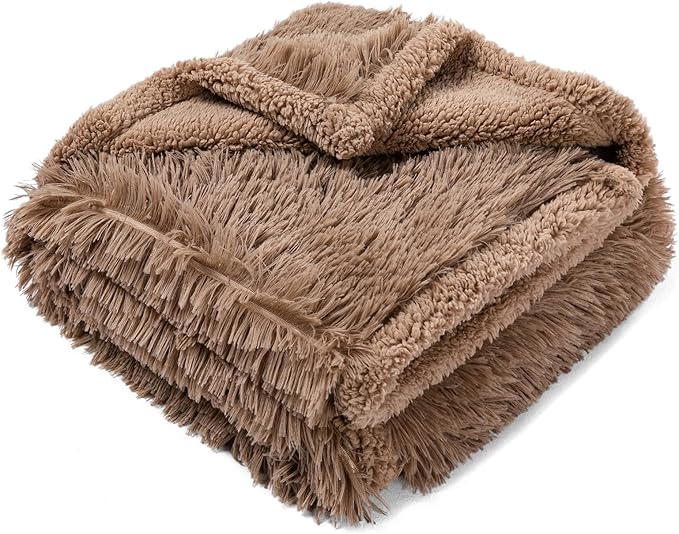 Waterproof Dog Calming Blanket Brown Long Faux Fur Pet Throw Blankets for Couch Sofa Bed Cover Washable(Brown,L-65x57in)
