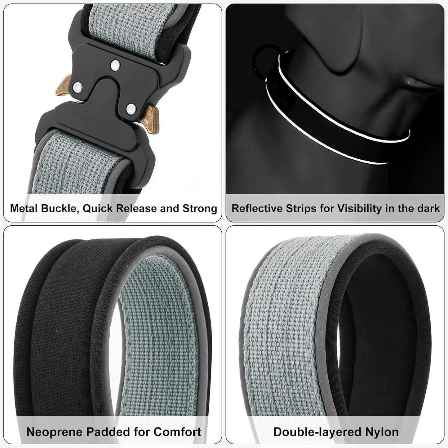 Plutus Pet Tactical Dog Collar, Reflective, Adjustable Heavy Duty Dog Collar, Soft Padded and Comfortable, for Small Medium and Large Dogs (Gray, XL)