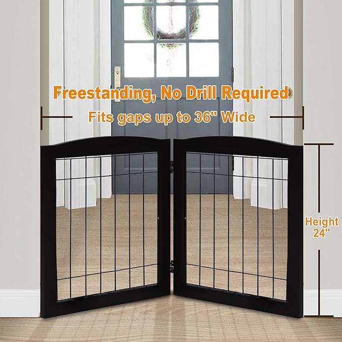 LZRS 2-Panel Freestanding Foldable Wood Dog Gate – Solid Wood & Steel Wire, Chew-Resistant Pet Barrier for Indoor Use, Ideal for Small to Medium Dogs, Black