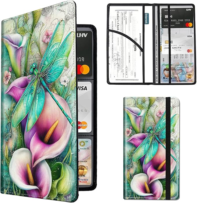 Car Registration and Insurance Holder,PU Leather Car License Document Insurance and Registration Card Holder Men Women Vehicle Glove Box Organizer Auto Accessories-Dragonfly On Calla Lilies Flowers