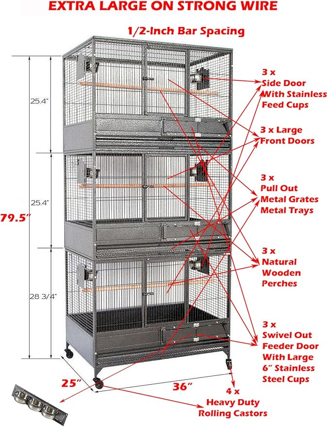 Extra Large Heavy Duty Three Stackers Breeding Breeder Parrot Amazon African Grey Aviary Bird Flight Cage Side Doors with Rolling Wheels 36" L x 24" W x 79" H