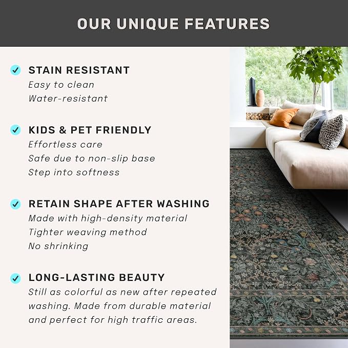 Dark Green Washable 3x16 Extra Long Runner Rug