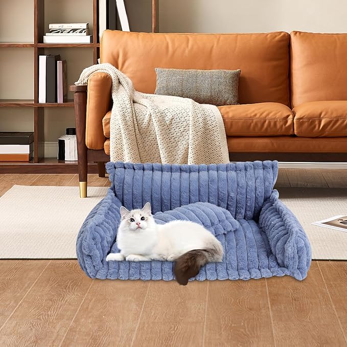 Blue Plush Pet Sofa Bed for Small Dogs & Cats, Removable Washable Fluffy Couch with Pillow, Non-Slip Soft Cat Dog Bed Large Size, Modern Pet Furniture(Blue)