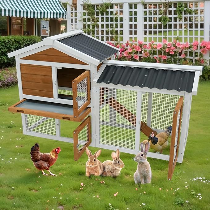 58-Inch Solid Wood Hutch/Cage for Indoor & Outdoor Use with Waterproof Roof – Suitable for Rabbits, Small Rodents & Pets, 2-Tier Design with Stairs and Removable Pull-Out Cleaning Tray（41314）