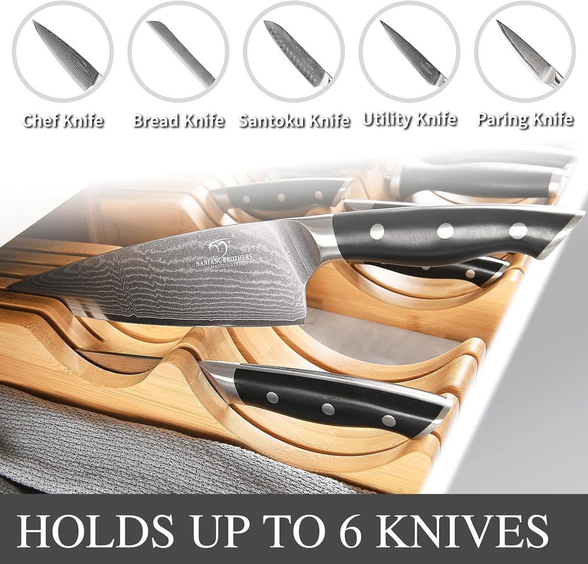 NANFANG BROTHERS Knife Drawer Organizer with 5 Pieces Damascus Knives