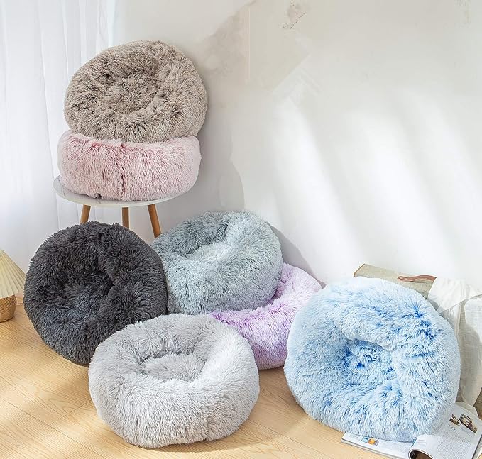 Dog Bed Large, Soft Round Cuddler Dog Beds Fluffy Plush Faux Fur Pet Beds, Anit-Anxiety Self-Warming Comfy (28", Deep Blue)