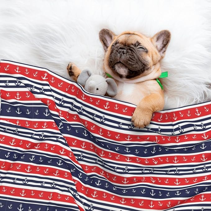 Two Sided Plush Pet Blanket for Warmth Comfort, Nautical Anchor Seamless Pattern Blue and Red Stripe, Reversible Throw with Cozy Nubby Side for Chilly Nights Napping Spots Around House