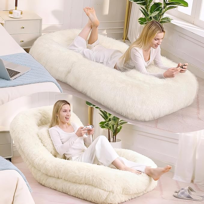 Beige Foldable Human Dog Bed - 69"x35"x12" Fits You & Pets with Comfy Pillow, Washable Faux Fur, Oversized Lounger Lazy Sofa Beds with 5 Adjustable Position