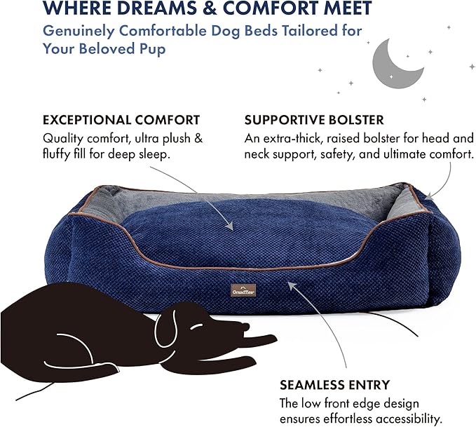GRANDTIES Fluffy Dog Beds for Small Medium Large Dogs & Cats, Machine Washable Dog Bed, Rectangle Breathable Soft Calming Sleeping Warming Pet Beds with Waterproof & Non-Slip Bottom (XL 40", Navy)