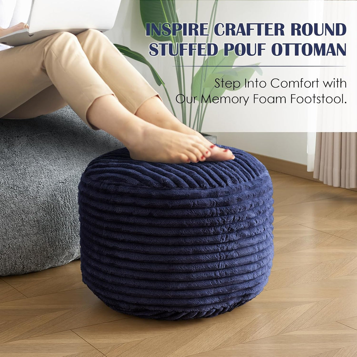 SHOUREN Stuffed Round Ottoman,Pouf Ottoman Foot Rest,18 X 14,Navy