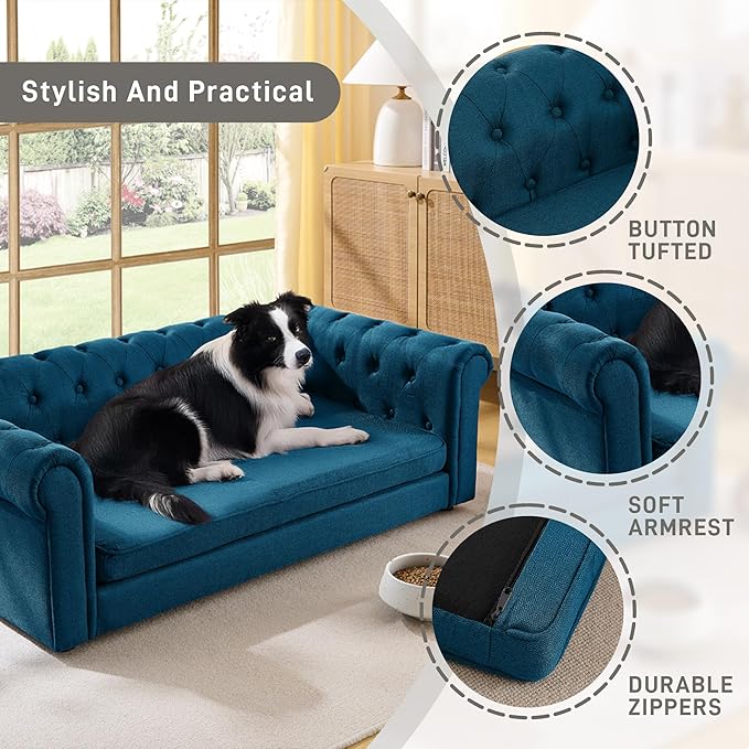Dog Sofa Couch for Medium to Large Dogs, Memory Foam Dog Sofa Couch with Washable Fabric, Durable Elevated Pet Bed with Legs, Removable Cushion for Medium and Large Dogs, Dark Blue
