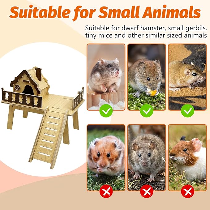 Hamiledyi Wooden Hamster Platform & House Mouse House with Climbing Ladder Cute Habitat Hut Hideout Small Animals Cage Accessories for Dwarf Hamster Mice Gerbil and Other Similar Sized Animals