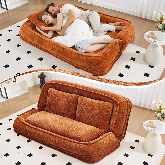 Extra Large Human Dog Bed for Adult & Pets, Convertible Floor Sofa Bed with 5 Adjustable Position, Lazy Couch Giant Bean Bag Lounge Chair Comfy Tatami with 3 Pillows for Bedroom Living Room (Orange)