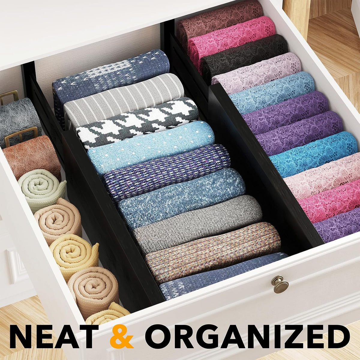 SpaceAid Bamboo 4 Pack Dresser Drawer Dividers, 4.65“ High Adjustable 12.5“-17” Drawer Organizers, Expandable Organization for Clothing, Clothes, Dressers, Black