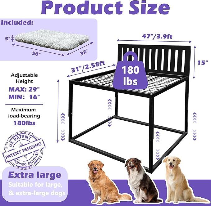 Beside Dog Bed,Adjustable Height Dog Bunk Beds,47''x 31'' Metal Dogs Bed Frame with Cushion,X-Large