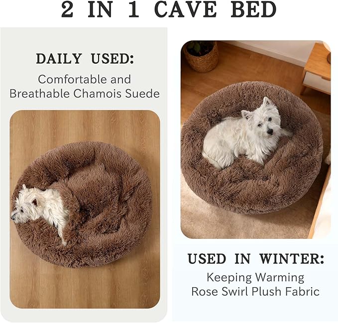 NOYAL Calming Dog Bed for Anxiety, Hooded Donut Cave with Blanket, Plush Fluffy Washable Pet Bed for Small Medium Dogs & Cats