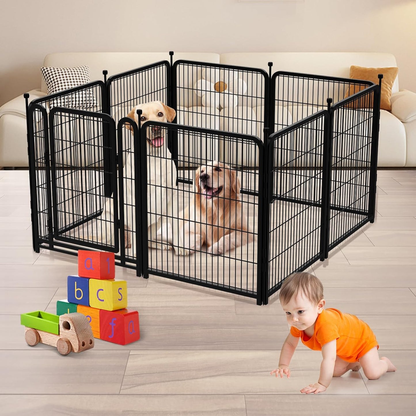 Dog Playpen 32 inch(H) 4 Panels Dog Fence Outdoor for Yard. Metal Dog Pen Heavy Duty Pet Puppy Exercise Pen for Rv Camping Garden Yard, Wide Door Low Threshold Dog Fence Total 8.9 Ft(L)