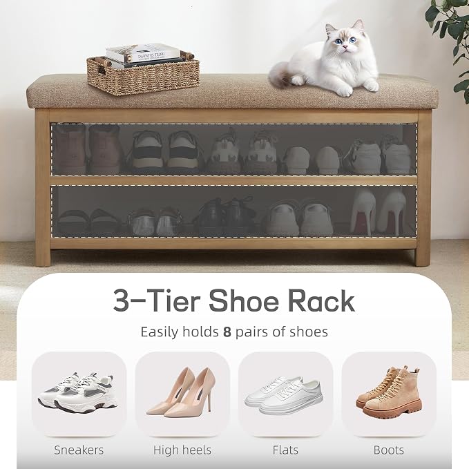 2 Tier Shoe Rack Bench with Cushion, Solid Wood Shoe Benches, Mid-Century