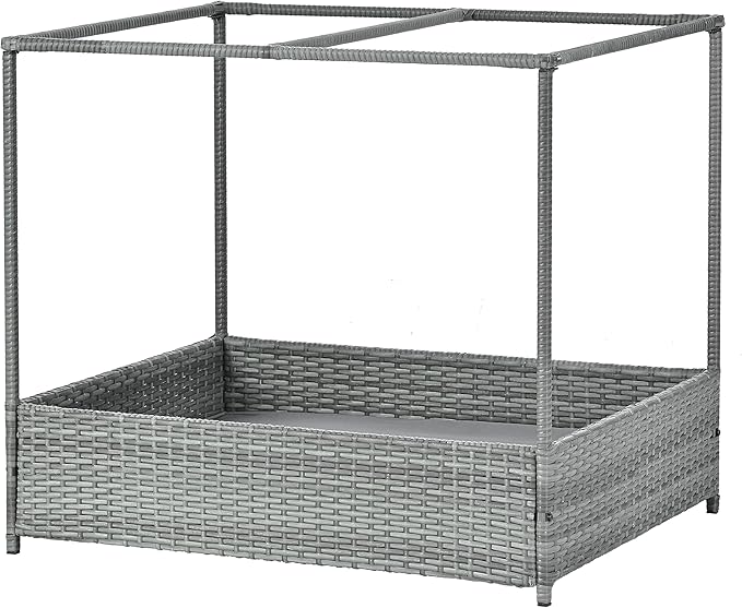 Dog Bed Outdoor Patio Furniture, PE Wicker Pet Bed with Metal Frame and Curtain, Elevated Cozy Pet Enclosure for Indoor Outdoor Use, 35.8" W x 28" D x 31.9" H, Black