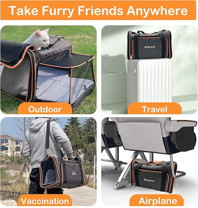 TSA Airline Approved Expandable Pet Carrier, 17"x11"x11" 5-Side Entry Soft-Sided Collapsible Cat Dog Carrier (up to 15 lbs), with Alloy Frame & Removable Wool Mat for Travel