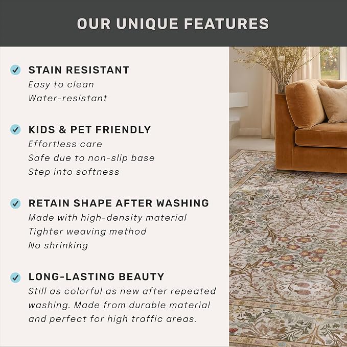 5x7 Washable Moss Green Oriental Area Rug