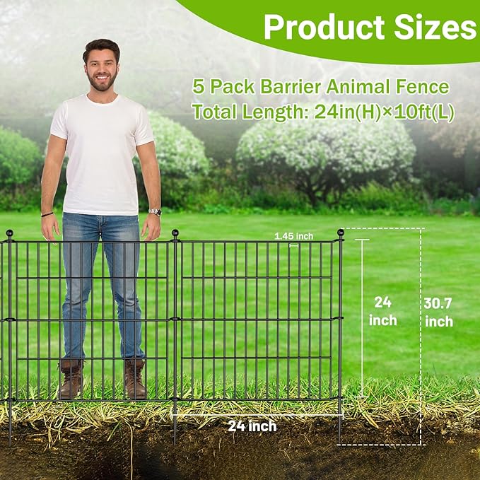 5 Panels No Dig Decorative Outdoor Garden Fence for Yard, 24 in(H) X 10 ft(L) Animal Barrier Fencing Rustproof Metal Wire Panel Border for Dog, Rabbits, and Patio Temporary Ground Stakes