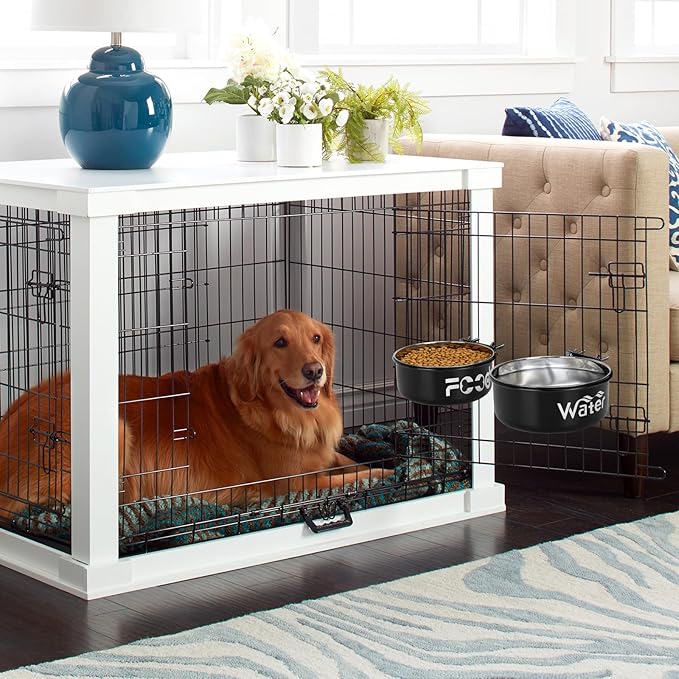 Crate Water Bowl No Spill for Large Dogs, Removable Stainless Steel Dog Bowls for Food and Water, Dog Kennel Hanging Wet and Dry Food Feeder for Medium/Large Pets, (7.1"x2.6" & 6.3"*2.6", Black)