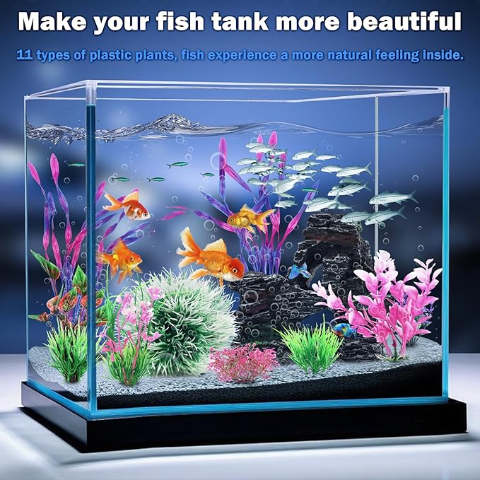 Fish Tank Accessories, Aquarium Fish Tank Plastic Plants and Cave Rock Decorations Set 10 Pieces, Small and Large Artificial Aquarium Plants with Cave Rock