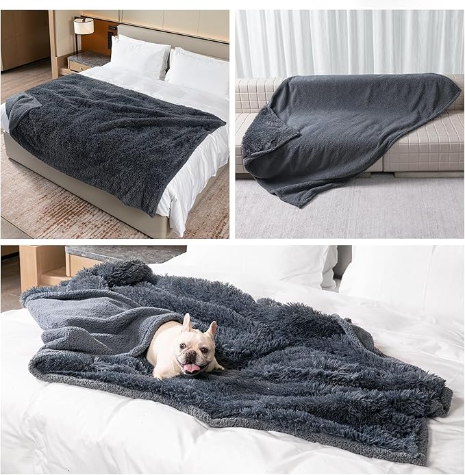 Waterproof Gray Pet Blanket for Dogs 65X57in Fluffy Long Faux Fur Pets Throw Blankets for Large Dog Cat Puppy Couch Cover Love Bed Protector Mat Washable(Grey,L)