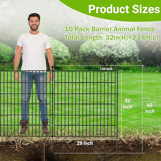 10 Panels No Dig Decorative Outdoor Garden Fence for Yard, 32 in(H) X 23.6 ft(L) Animal Barrier Fencing Rustproof Metal Wire Panel Border for Dog, Rabbits, and Patio Temporary Ground Stakes