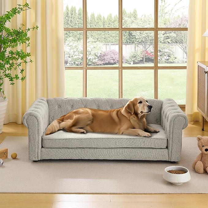 Dog Sofa Couch for Medium and Large Dogs, Memory Foam Dog Sofa Couch with Washable Fabric, Durable Elevated Pet Bed with Legs, Removable Cushion for Medium to Large Dogs, Beige
