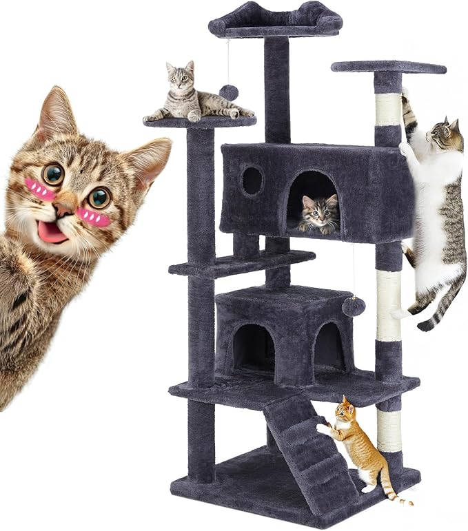 54 Inches Cat Tree Tower Condo Furniture, Multi-Level Cat Tower Condo Activity Center for Indoor Cats, Climbing Tree Cat House Padded Plush Perch, Kittens Pet Play House with Pom-pom, Pink