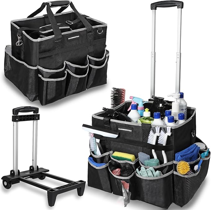 Large Rolling Cleaning Caddy Bag, Cleaning Caddy with Wheels with Detachable Trolley for Housekeepers, Water Resistant Cleaner Supplies Organizer with Wheels for Kitchen, Car, Picnic (Black-Grey)