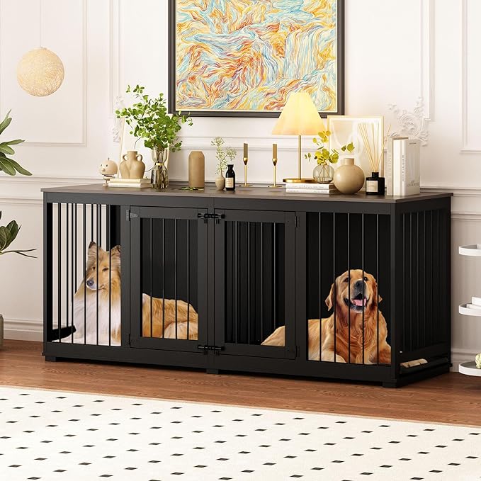Large Funiture Style Dog Crate for 2 Dogs, 70" Wooden Dog Kennel Furniture with Removable Divider & 2 Trays, Indoor Heavy Duty Dog House w/Double Rooms for Large Medium Dogs, Black