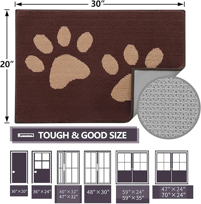 Buganda Dog Door Mat for Muddy Paws, Absorbent Dirt Trapper Washable Indoor Doormats, Non Slip Low-Profile Mud Mat for Dogs, Front Entrance Doormat for Inside Floor (47x24 Inches, Brown)