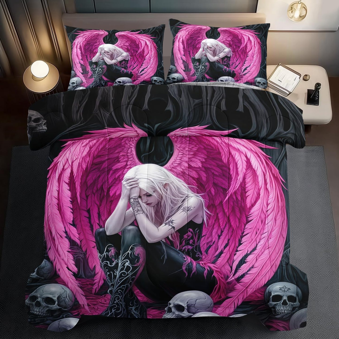 Gothic Skull Comforter Set Queen for Adults,Angel Wings Bedding Set Pink for Girls,Sexy Angel Comforter Bedroom Decor Teen,Gothic Skull Bedding Decor Pink Wings Quilt
