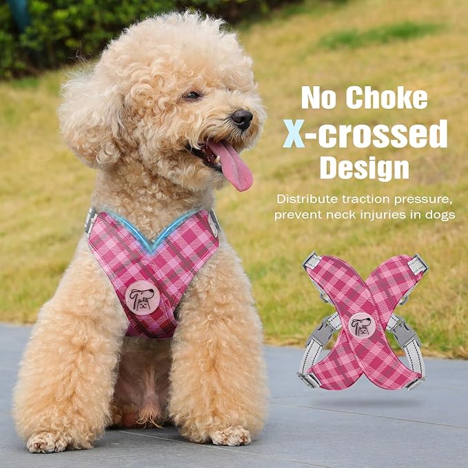Pawaboo Small Dog Harness and Leash Set, Puppy Harness X-Frame No Pull No Choke, Dog Vest Harness Adjustable for Small Medium Sized Dogs,Soft Breathable Pet Harness for Walking Outing, S, Pink Plaid