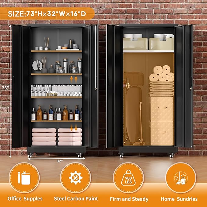 Greenvelly 74" Metal Storage Cabinet with Wheels, Lockable Rolling Metal Garage Cabinets with 2 Doors and 4 Adjustable Shelves, Rolling Tool Cabinet for Garage, Home Office, School