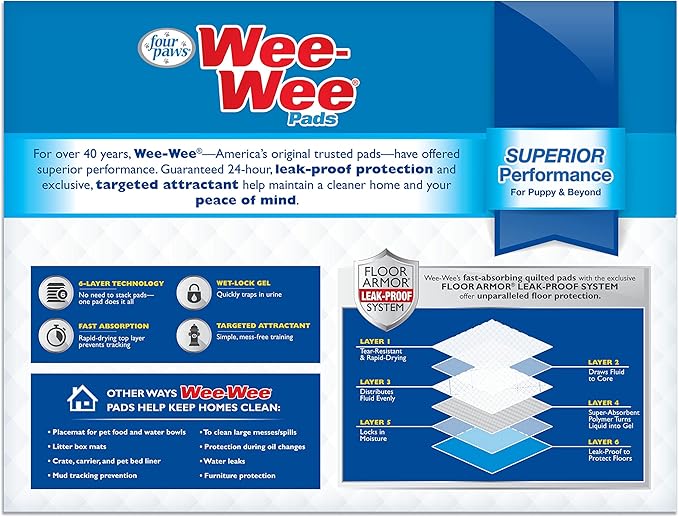 Four Paws Wee-Wee Superior Performance Unscented Pee Pads for Dogs & Puppies, Quilted Leak-Proof Dog Housebreaking Potty Training Floor Protection, 22" x 23", 30 Count