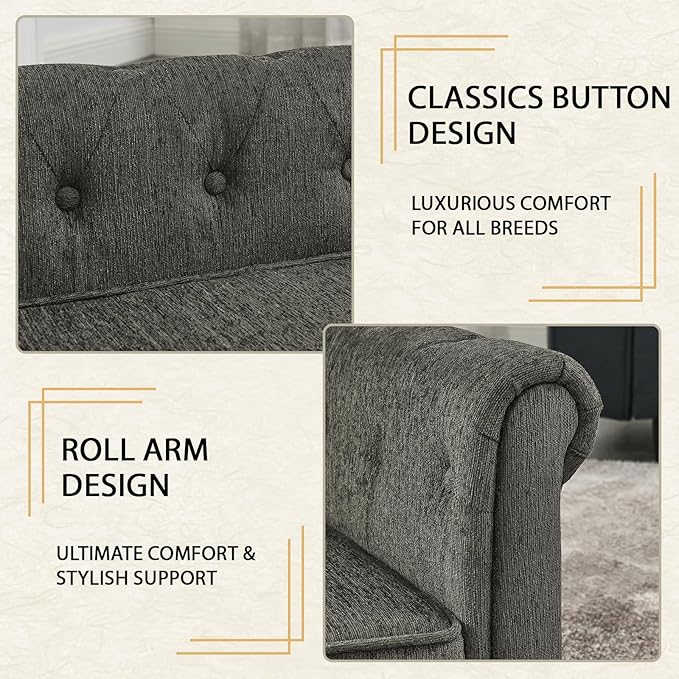 Elevated Rectangle Dog Sofa for Small & Medium Dogs - Comfortable Linen Fabric Dog Bed with Button Tufted Back, Durable Modern and Stylish Pet Bed for Living Room, Bedroom (Dark Grey)