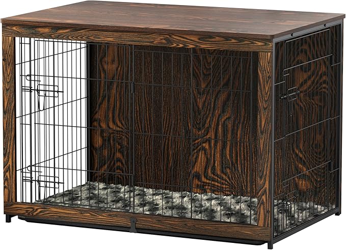 Megidok Wooden Dog Crate Furniture with Cushion,Large Dog Crate End Table with Tray, Double Doors Kennels Indoor (43.1" L*28.6" W*30.3" H, Rustic Style)