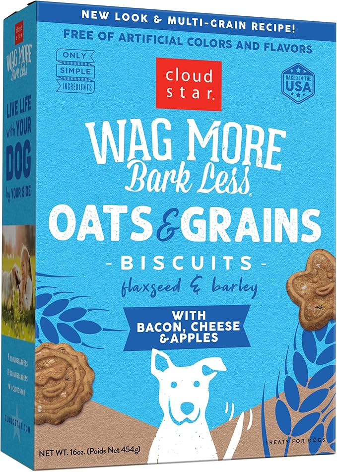 Cloud Star Wag More Bark Less Oats & Grains Crunchy Dog Treats, Bacon, Cheese & Apples, 16 oz. Box